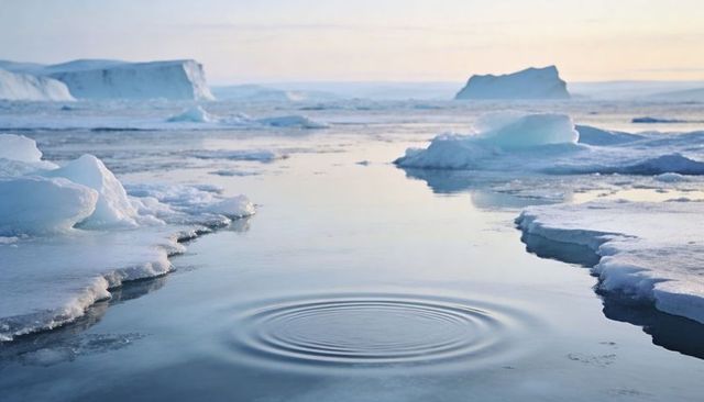 Rippling meltwater channel among arctic ice floes at soft dawn light
