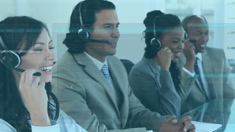 Business Consultants Using Headsets with Data Overlay