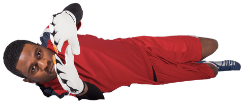 Transparent male goalkeeper diving save in red kit