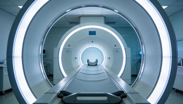 Futuristic mri gantry with illuminated bore rings and patient table in radiology suite