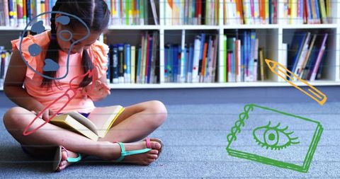 Child reading in cozy colorful library corner with playful doodle overlays for education