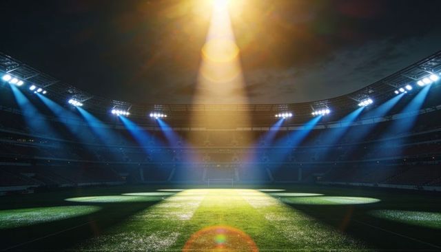 Dramatic empty stadium spotlight over soccer pitch at night with floodlights and lens flare
