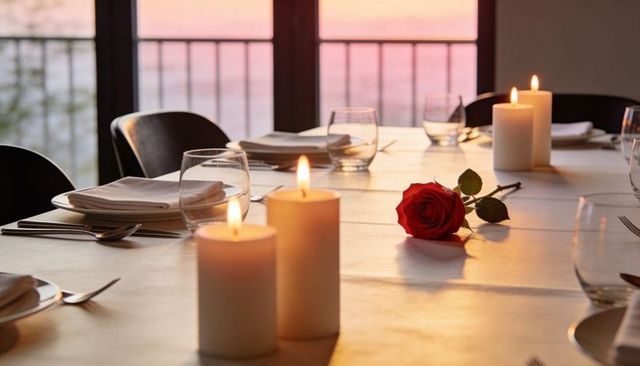 Romantic candlelit dinner tablescape featuring single red rose on white tablecloth at sunset