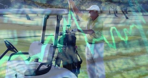 Senior golfer preparing clubs by white cart on fairway with financial chart data overlay