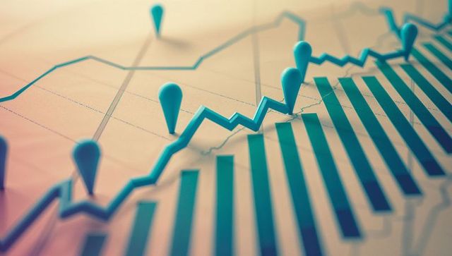 Dynamic 3d bar and line graph with teardrop markers on grid background