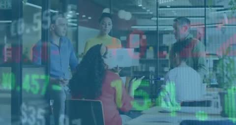 Team Analyzing Financial Data Overlays in Modern Workplace