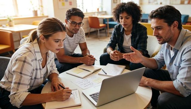 Young Professional Team Brainstorming Around Laptop in Sunlit Coworking Space