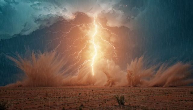 Dramatic lightning strike in arid desert expanse