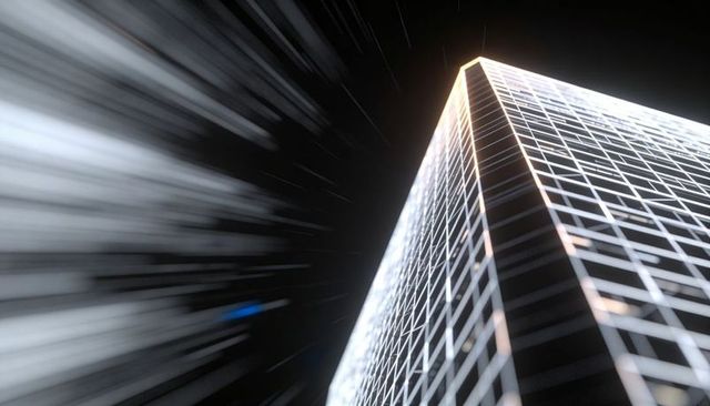 Futuristic glass skyscraper rising with glowing grid and night light streaks