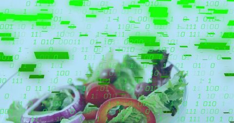 Garden salad merging vibrant vegetables with green binary glitch overlay