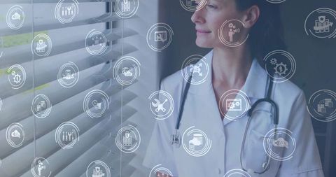Doctor gazing through window blinds viewing telehealth interface hud with medical icons