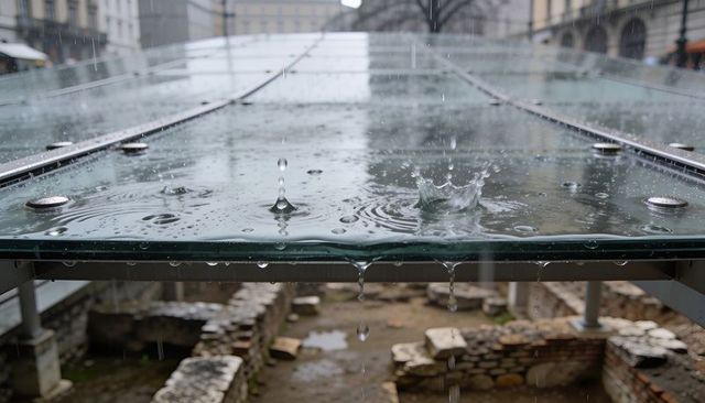 Rain droplets collecting on glass canopy dripping over urban ruins and masonry with stainless bolts