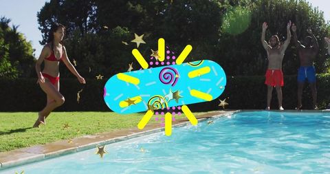 Woman running and jumping into backyard pool while friends cheering and confetti bursting