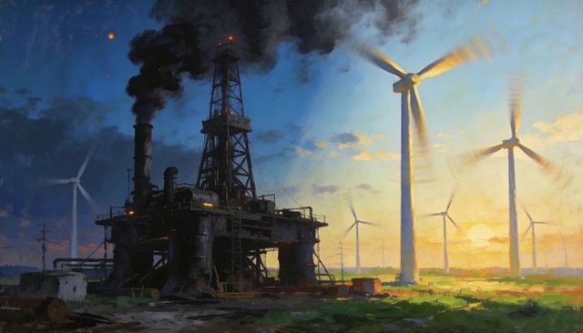 Oil rig emitting black smoke contrasting spinning wind turbines at sunset energy shift