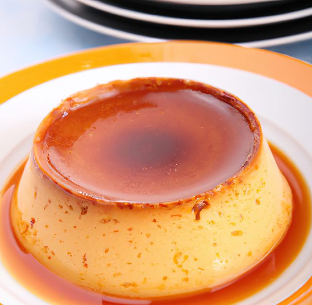 Delicious caramel flan offering a sweet and creamy texture contrasted with rich caramel sauce. Ideal for websites, culinary blogs, recipe books and restaurant menus to showcase or illustrate dessert options.