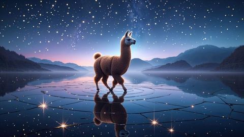 Majestic brown llama walking on starlit mountain lake ripples