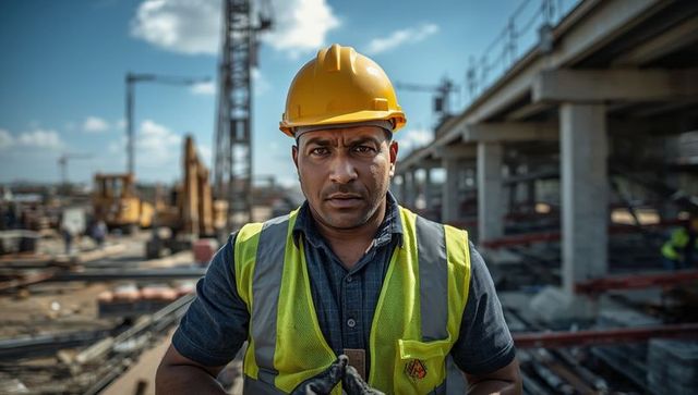 Focused Construction Worker Surveying Project Site for Safety