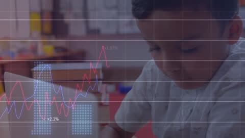 Young Boy Engaging with Technology Amid Business Graphs Overlay