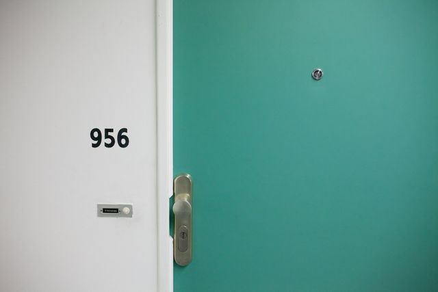 Shows a close-up view of an apartment door with the number 956 and a modern teal color. Perfect for illustrating concepts related to home security, modern living spaces, apartment complexes, and urban housing.