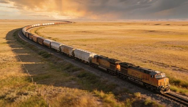 Long freight train crossing golden prairie at sunset with sweeping curved tracks