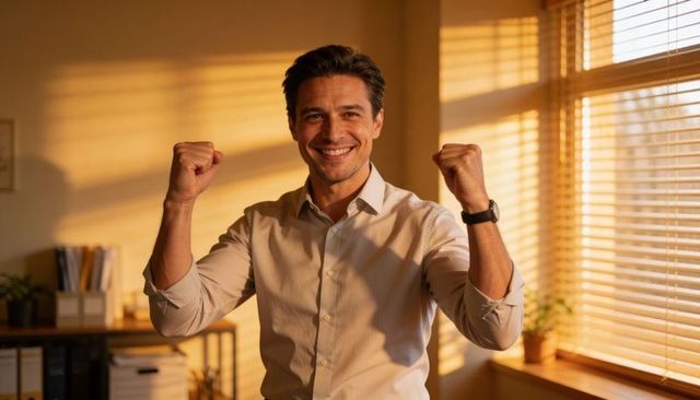 Man celebrating success during golden hour in office, raising fists and smiling in warm light