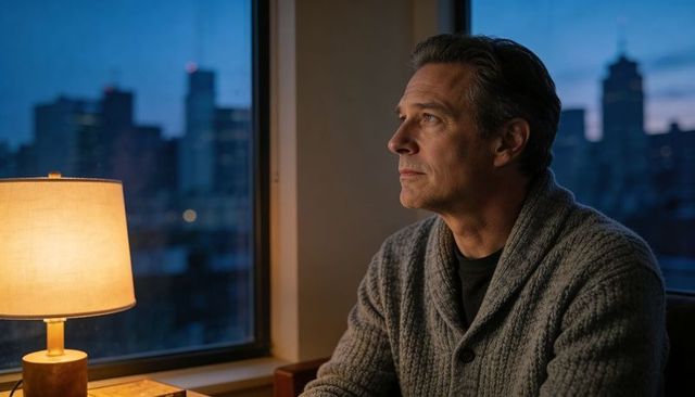 Man gazing out window at dusk wearing knit cardigan, cozy urban evening interior