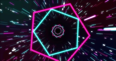 Glowing geometric shapes and light trails on black background