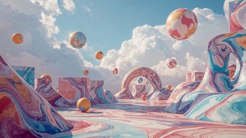 Surreal Pastel Dreamscape with Floating Spheres and Marble Forms