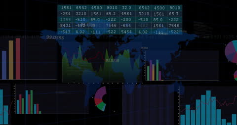 World Map with Data Visualizations on Black Background