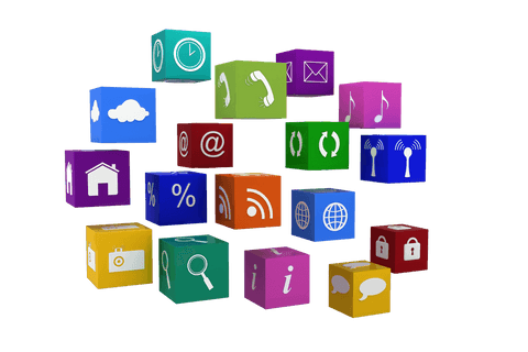 Colorful digital network icons on transparent background