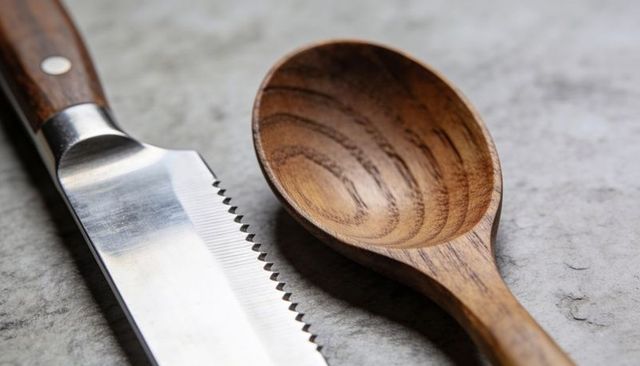 Closeup wooden spoon grain with serrated stainless steel knife on gray stone countertop