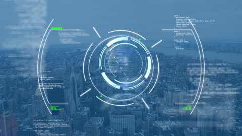 Futuristic Digital Interface Scanning Over Cityscape