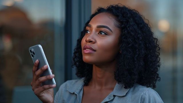 Thoughtful Woman Holding Smartphone Near Reflective Urban Surface at Dusk
