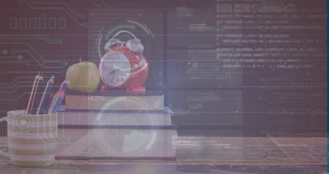 Digital Concept over School Supplies with Data Interface