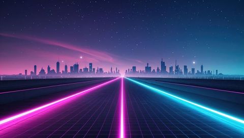 Futuristic cyberpunk neon highway leading to city skyline