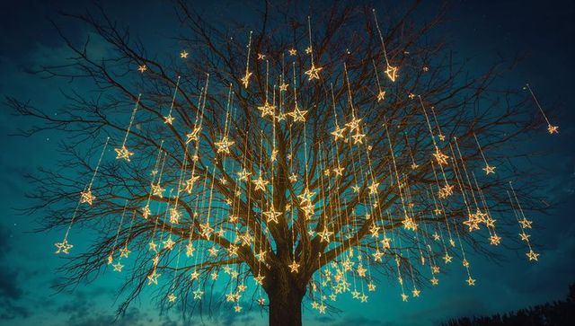 Magical starry tree with illumination at twilight in park