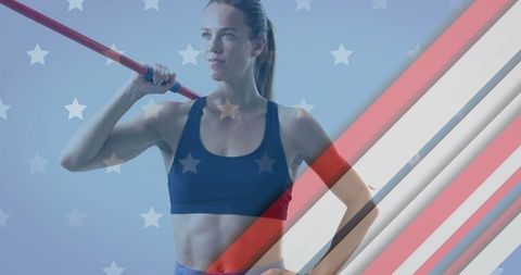 Confident athlete holding javelin with usa flag overlay