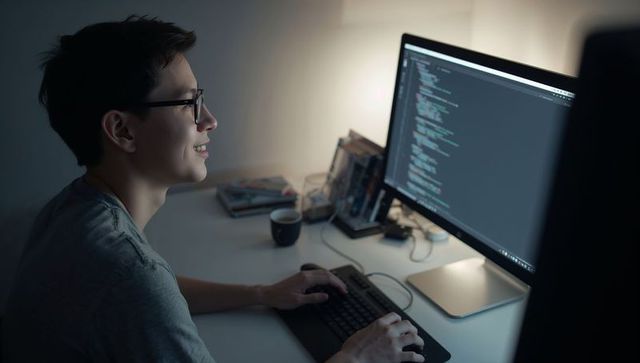 Software developer focused coding in home office evening ambience