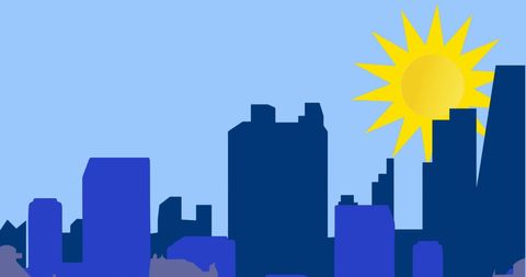 Modern City Skyline with Bright Yellow Sun and Clear Blue Sky - Download Free Stock Images Pikwizard.com