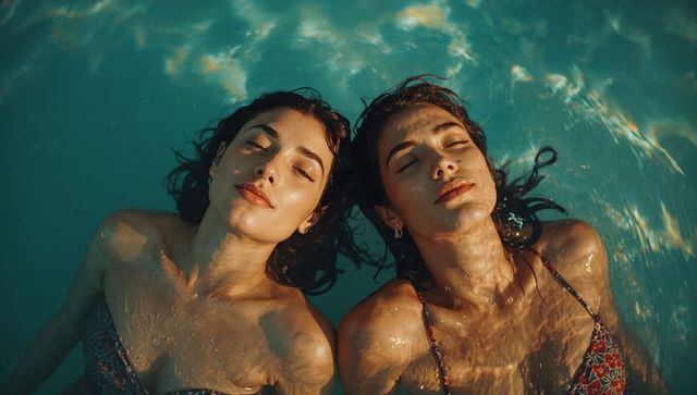 Sunlit women floating peacefully on backs in turquoise water with shimmering caustics