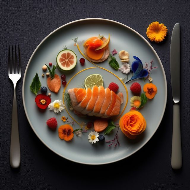 Elegant gourmet dinner plate featuring a meticulously plated salmon fillet surrounded by a variety of colorful and decorative edible flowers. Ideal for illustrating blog posts or magazine articles on fine dining, culinary arts, or high-end restaurant menus.