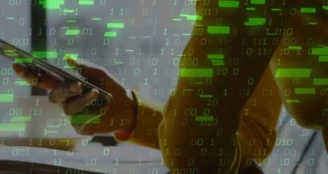 Hand Holding Smartphone With Binary Code Overlay in Modern Office