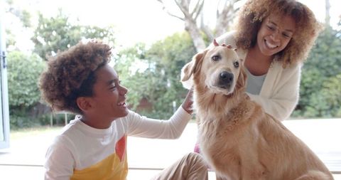 Happy Mother and Son Bonding with Golden Retriever