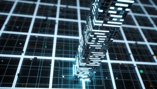 Rising modular data tower over neon grid representing blockchain network and ai