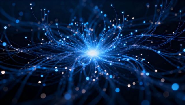 Radiating Blue Neural Core with Glowing Filaments and Data Nodes for Tech Background