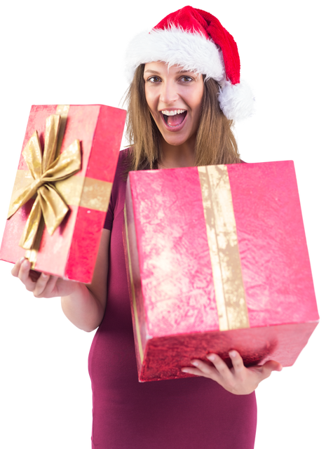 Cheerful Woman in Santa Hat Opening Large Transparent Christmas Gift - Download Free Stock Videos Pikwizard.com