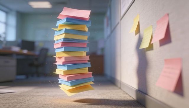Levitating stack of colorful sticky notes hovering over office cubicle carpet
