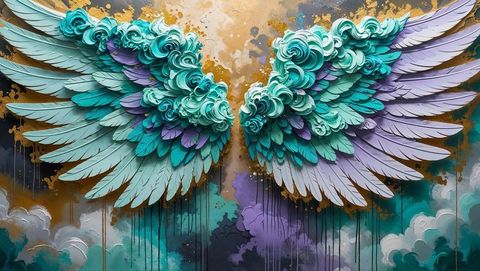 Colorful mural of stylized angel wings with feather motifs