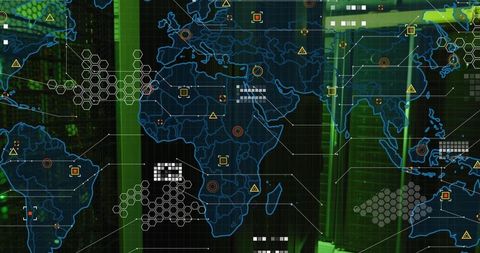Global Cybersecurity Dashboard Showing Network Threat Visualization, Telemetry Overlay