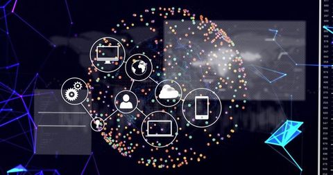 Pulsing Digital Network Sphere Connecting Devices, Cloud and Data Nodes for Tech Visuals